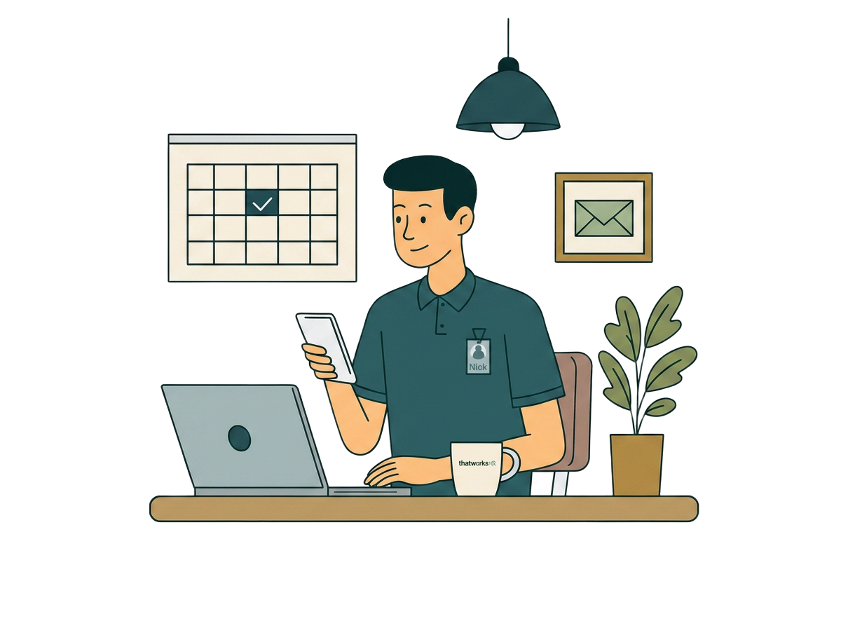 Nick aan het werk aan zijn bureau met laptop en telefoon