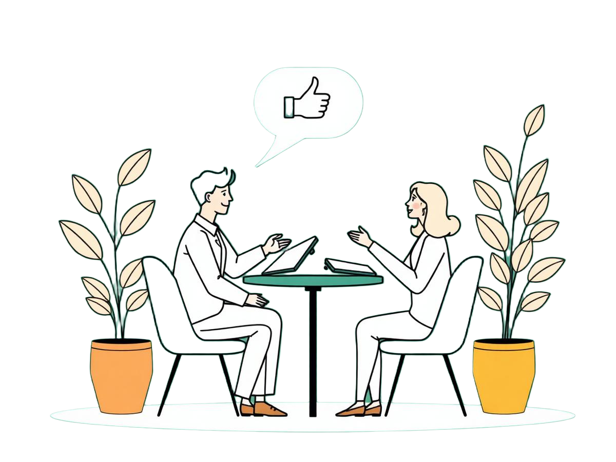 Twee mensen in gesprek aan tafel tijdens een HR-gesprek