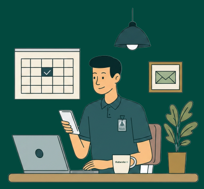 Nick aan het werk aan zijn bureau met laptop en telefoon